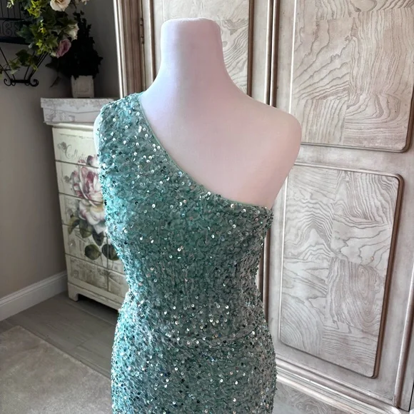 NEW Mint Green Dress, Sequins Dress, One Shoulder, Prom Dress, NWOT, Size XLG - Picture 2 of 11